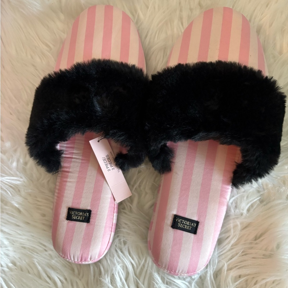 Victoria's Secret Signature Satin Slipper Pink Stripe Black  Fur Trim NWT size M - Picture 4 of 6
